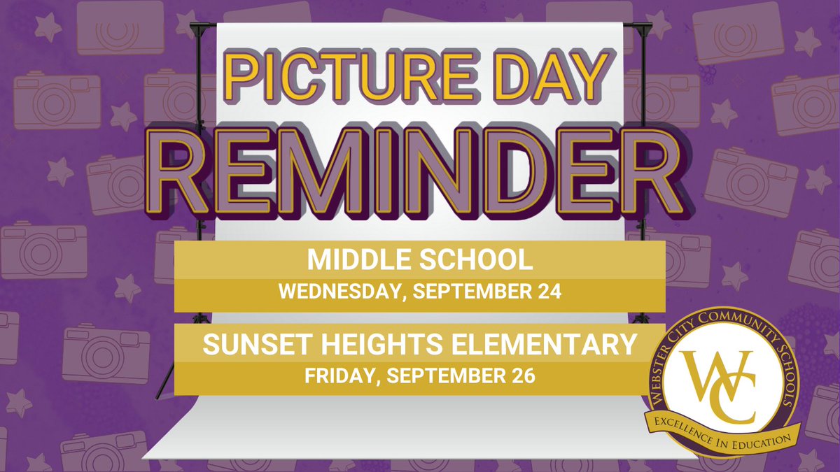 Reminder: Middle School Picture Day is Wednesday, September 24! 📸

Additionally, Sunset Heights Elementary will have its Picture Day on Friday, September 26. 😃