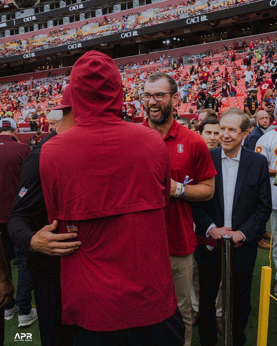 Jayden Daniels linked up with Andrew Luck before Week 3's kickoff who Stanford teammate Zach Ertz explained the similarities between the two

“Jayden has a gravity to him. He pulls people into a circle. Andrew Luck was the only other guy that I’ve been around that really had a