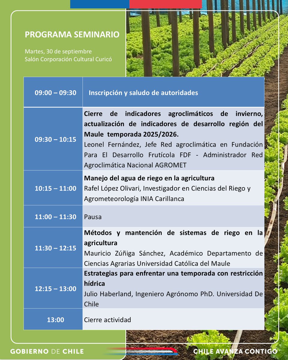 💧🌱Si eres asesor técnico, profesional de servicios, empresas y municipios o eres agricultor y te interesa saber cómo ser más eficiente con el uso del agua de riego, inscríbete en el seminario organizado por seremi <a href="/MinagriMaule/">Minagri Maule</a>
👇
tinyurl.com/yhc9pdp2
📢 Ayúdanos a difundir