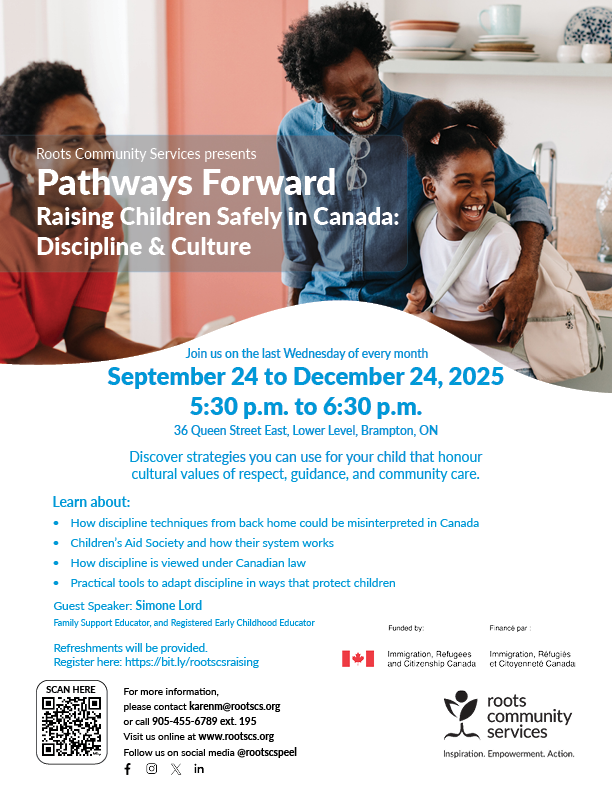 RootsCSPeel's tweet photo. Our Pathways Forward Raising Children Safely in Canada series provides newcomers with safe discipline techniques that can be used to raise their children that is supportive and culturally adaptive.
To register, please visit https://t.co/9Tq4oAWNfh
#rootscs #pathwaysforward https://t.co/jha419mQWP