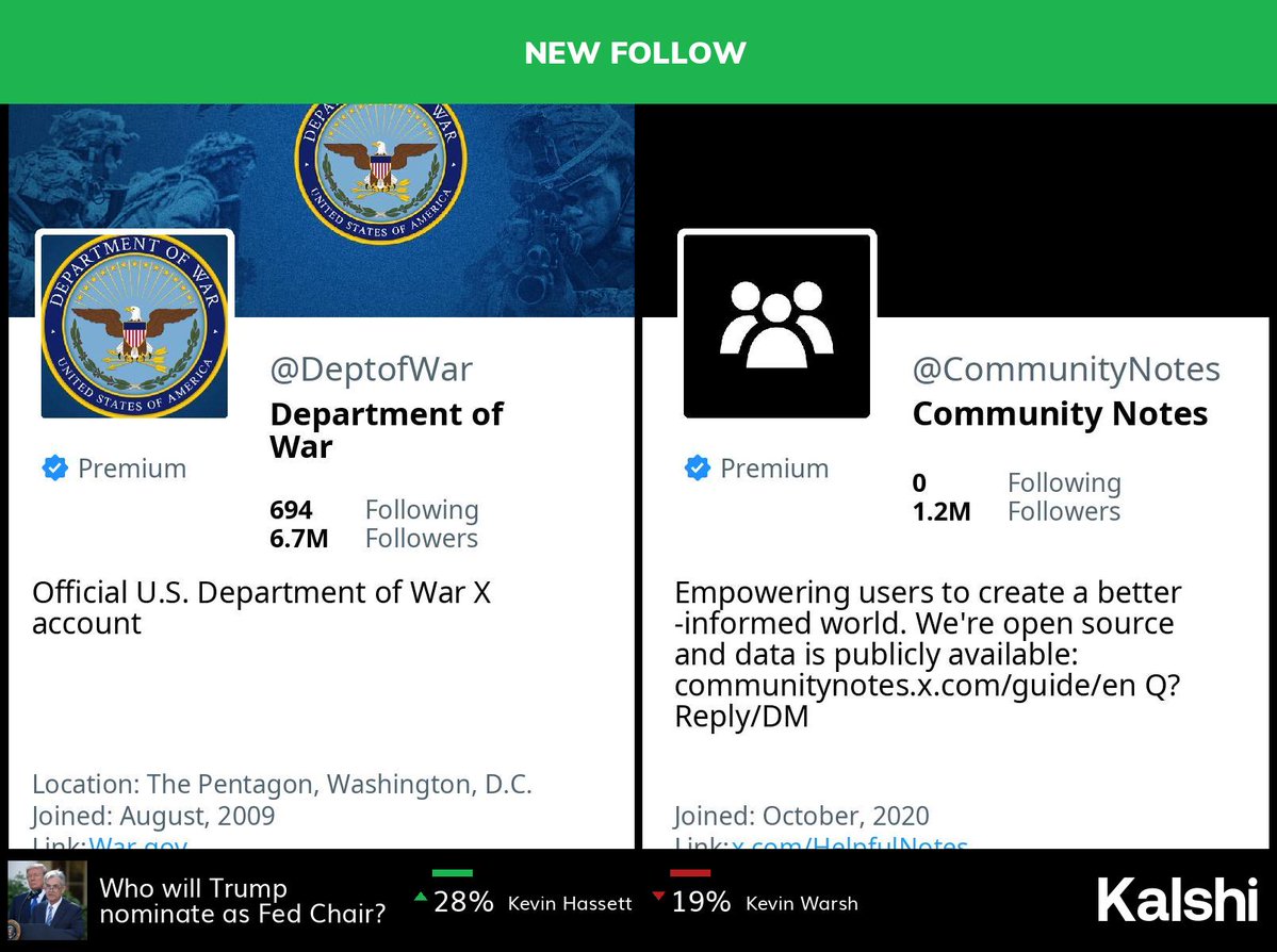 USPoliticsAlert's tweet image. 🆕 @deptofwar has started following @communitynotes