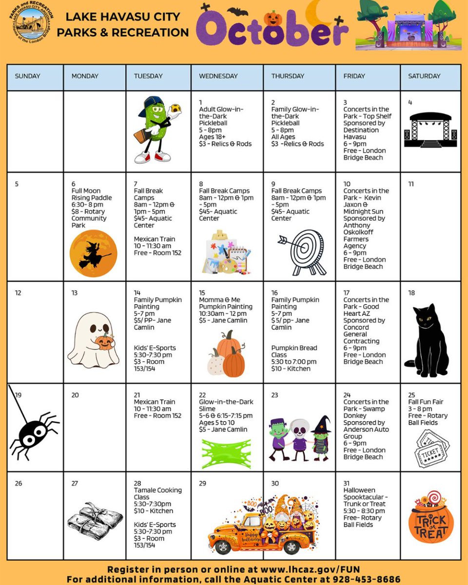 LHCAZGOV's tweet image. 🍂🎃 October is packed with fun with Lake Havasu City Parks &amp;amp; Recreation! There’s something for everyone all month long.

#LakeHavasuCity #ParksAndRec #OctoberFun