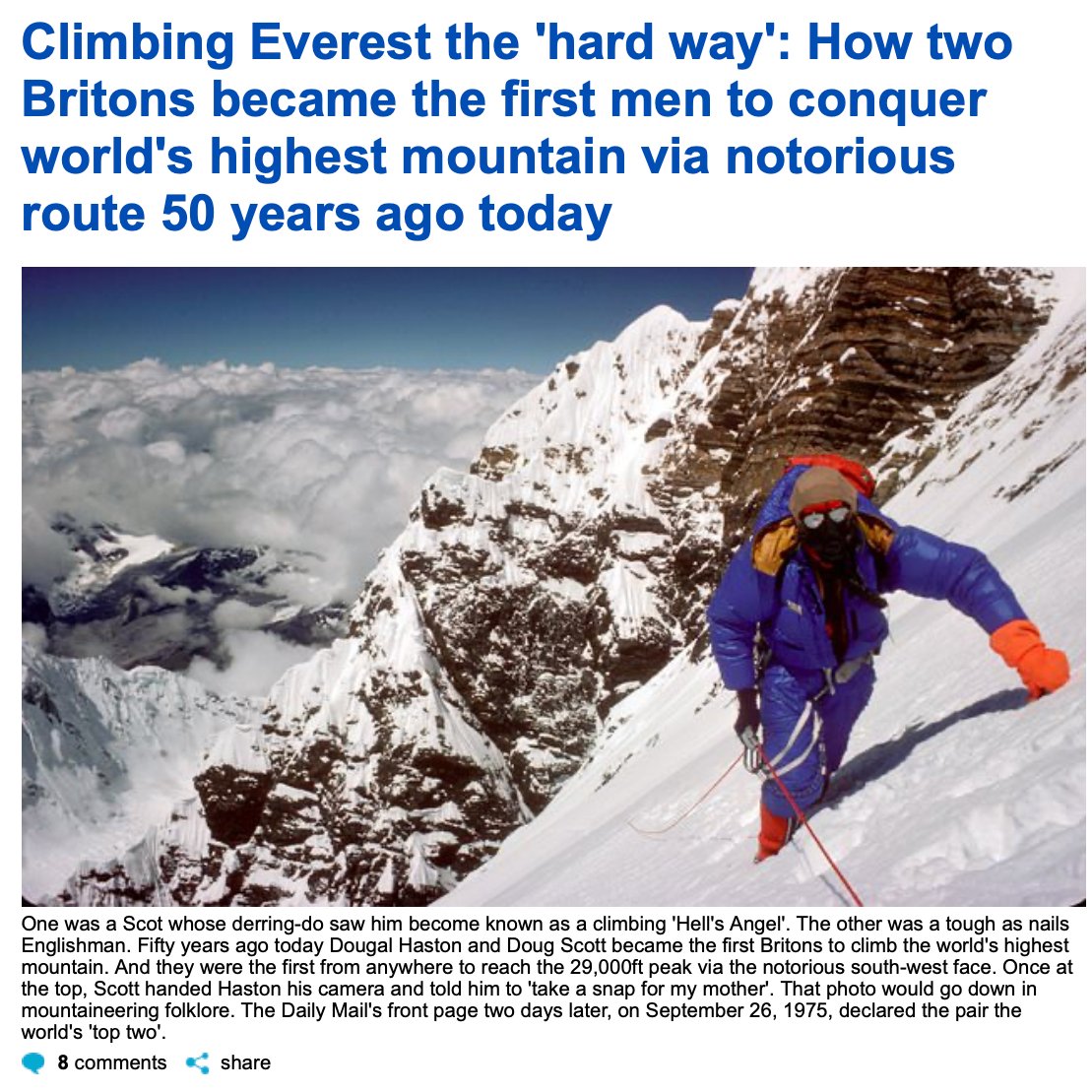 It was 50 years ago today that Dougal Haston and Doug Scott became the first Britons to climb Mount Everest. <a href="/DailyMail/">Daily Mail</a> trainee <a href="/DaisyOutram/">Daisy</a> takes a look at their amazing achievement. ttps://www.dailymail.co.uk/news/article-15129873/Everest-1975-Britons-climb-mountain.html