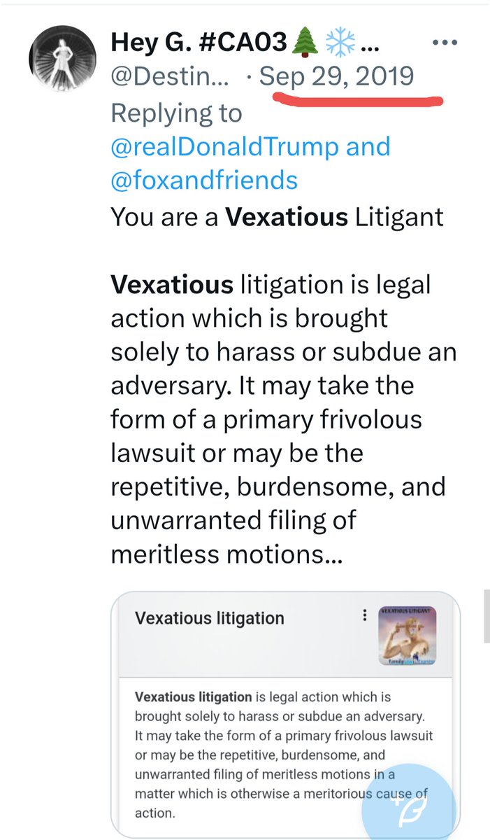 Destiny22Ginger's tweet photo. @gtconway3d https://t.co/dZFMIb8PnW
(Unrelated Sidebar)
George, do you know why nobody ever charges Donald Trump with "Vexatious Litigant" lawsuits?
Thanks if you can answer that question I've been asking for many years.
Is vexatious litigation ever a thing?
⚖️ https://t.co/64eNzXuvzn