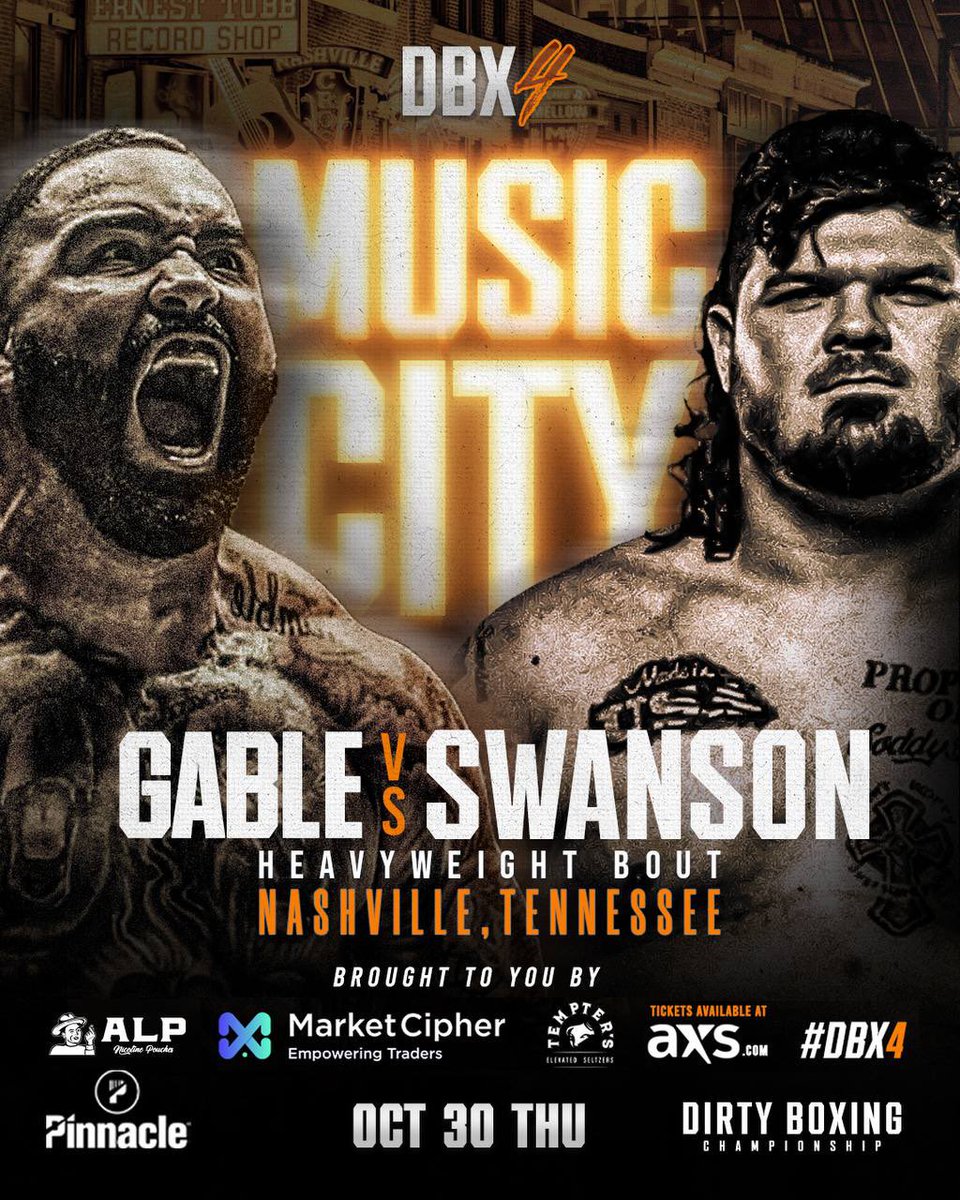 DirtyBoxing_'s tweet photo. ‼️The @DirtyBoxing_ 4 main event is set! ‼️

On October 30th, Music City becomes Fight City as Olympic Gold Medalist Gable Steveson debuts against the heavy-handed Billy Swanson in the DBX4 main event at The Pinnacle 🥊💥

Tickets are selling fast! Don’t wait to grab yours at https://t.co/XCihh0wx2l

Also, secure your exclusive meet-and-greet ticket with Jon Jones before spots are gone.

#DBX4 | October 30 | Nashville, TN