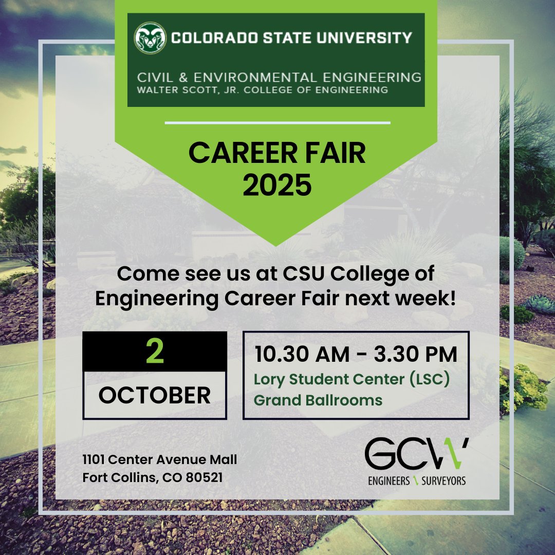 GCW_Eng's tweet photo. We’re excited to be heading to Colorado State University for their Engineering Career Fair next Thursday!
Stop by our booth to explore current opportunities, connect with our team, and learn more about building your career with us.
#Hiring #CivilEngineering #NXTgeneration #GCW https://t.co/U4PiN2vysT