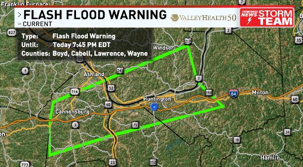 Flash Flood Warning for Cabell, Lawrence, Wayne and Boyd Counties. 1-2" of rain has fallen with another 1" or more possible leading to flash flooding in some locations over the next few hours.