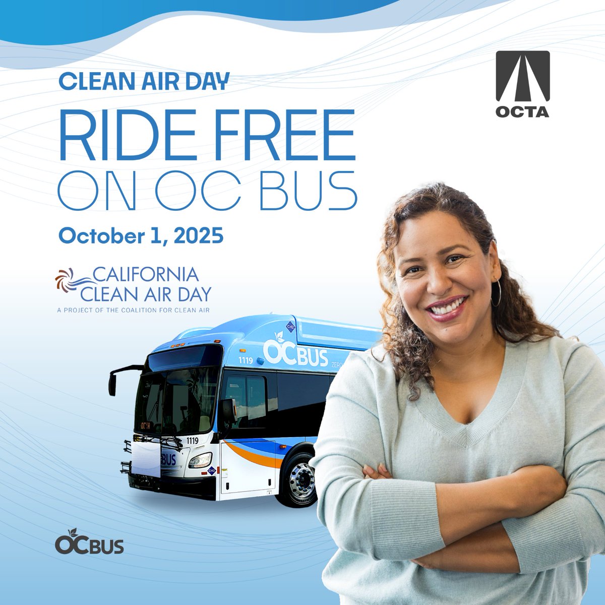 RideOCBus's tweet image. California Clean Air Day is next Wed., Oct. 1. Enjoy a FREE ride on OC Bus and make a difference for the planet. By choosing sustainable transportation, you're helping to reduce pollution and decrease traffic on our roads! No special ticket required. Info: ocbus.com/CleanAirDay