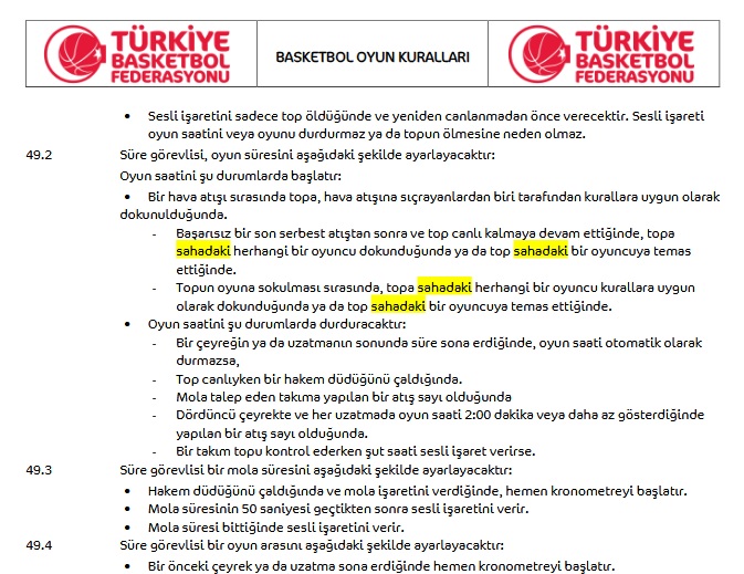 Yalnız bu pozisyonda kural hatası var gibi. <a href="/nedimyucel6/">nedim yücel</a> <a href="/ozkanarseven/">Özkan Arseven</a>

Son hücumda top yere değince süre başlıyor. Ancak kurallara göre oyuncu topa temas ettiğinde başlaması gerekirdi.

TBF Basketbol Oyun Kuralları 49.2 madde:

Oyun saatini şu durumlarda başlatır:

Başarısız bir