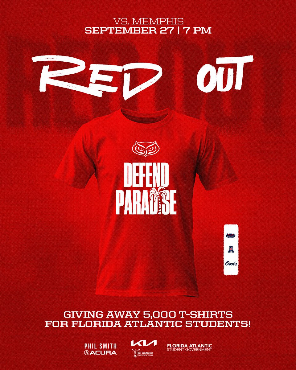 It’s a RED OUT this Saturday! 🔴 FAU students 🗣️ Be there EARLY to grab your ‘Defend Paradise’ shirt and pack the stands in RED!

Student tickets 🎟️: bit.ly/4mlv62p 

#WIP🏝️