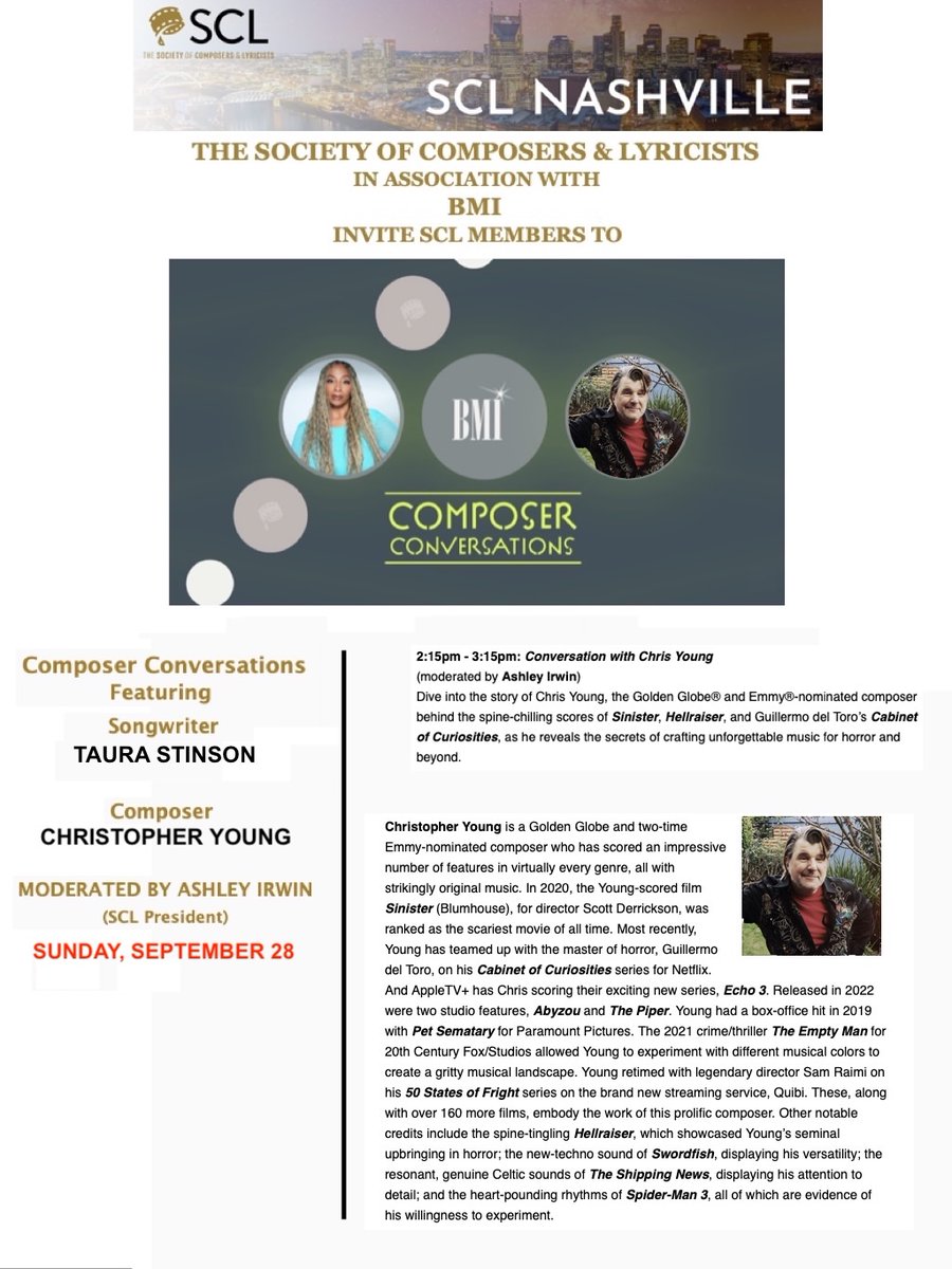 Different Direction Mgmt (@mgmt_dd) on Twitter photo Composer, professor, mentor, 2x Emmy & Golden Globe nominated, <a href="/ImChrisYoung/">Christopher Young</a>, will be a special guest on September 28th as part of The <a href="/The_SCL/">The Society of Composers & Lyricists</a>'s Composer Conversations Series! Check your email to sign-up to this exciting event!
thescl.com Composer, professor, mentor, 2x Emmy & Golden Globe nominated, <a href="/ImChrisYoung/">Christopher Young</a>, will be a special guest on September 28th as part of The <a href="/The_SCL/">The Society of Composers & Lyricists</a>'s Composer Conversations Series! Check your email to sign-up to this exciting event!
thescl.com