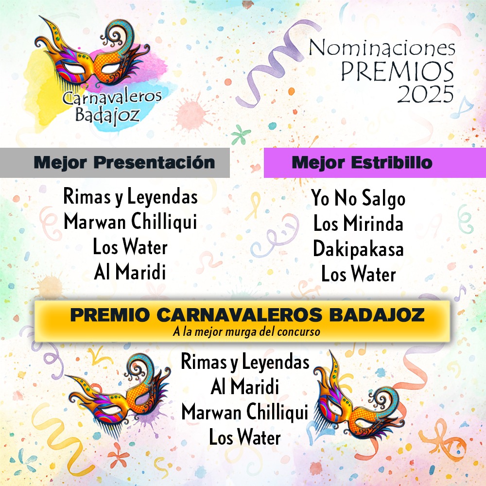 🎭✨ Cerramos el capítulo de nominaciones de los Premios Carnavaleros Badajoz 2025 ✨🎭

📅 A partir del 1 de octubre iremos conociendo a los ganadores de cada categoría.

Gracias por compartir 💜.

#PremiosCarnavaleros2025 #CarnavalDeBadajoz