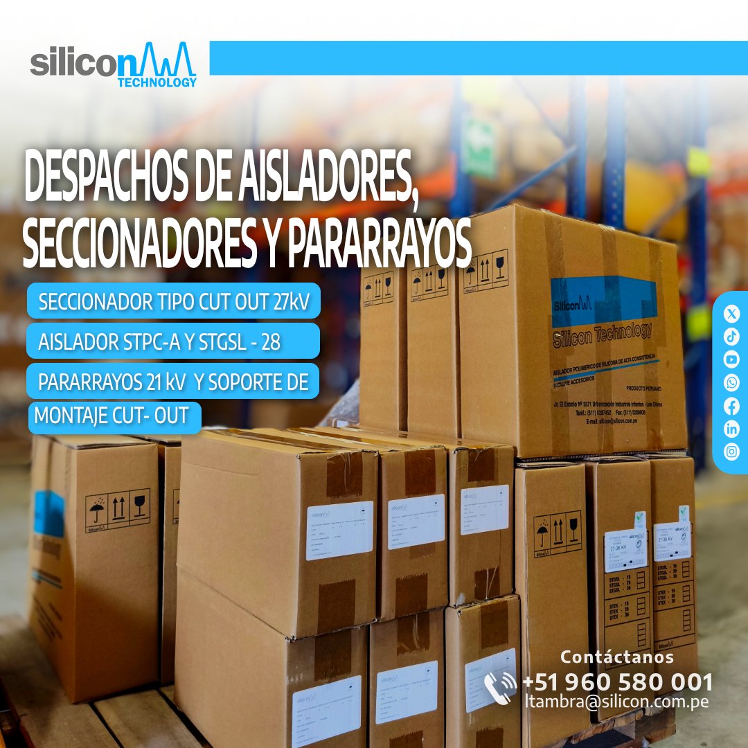 _silicontech's tweet image. 🚚✨ ¡Septiembre cerró con despachos exitosos!
En Silicon Technology seguimos llevando soluciones confiables ⚡
👉 STCOR 27 kV
👉 STPC-A + STGSL-28
👉 Pararrayos 21 kV
👉 Soporte Cut-Out

🤝 Gracias por confiar en nosotros.
#SiliconTechnology #EnergíaSegura #AltaTensión