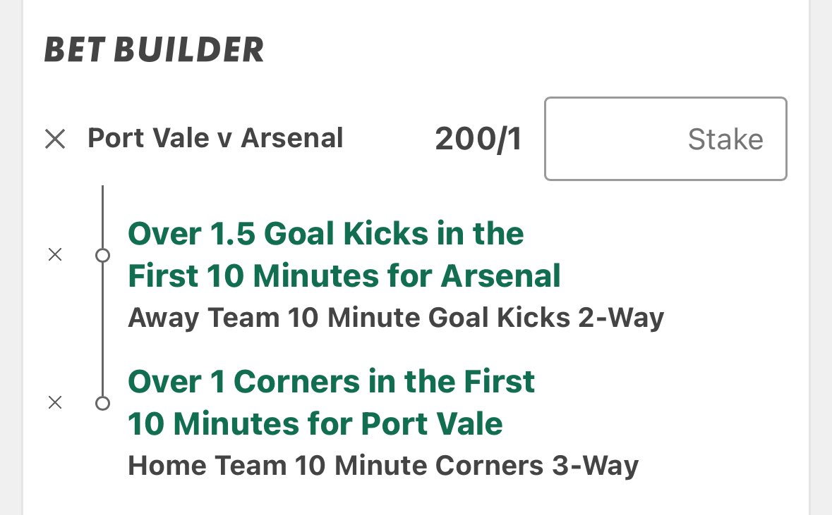Port Vale vs Arsenal

Expecting Port Vale to be up for this at home against a big premier league team 

Port Vale home corners: 7, 5, 5, 7, 4, 5, 7, 10, 4