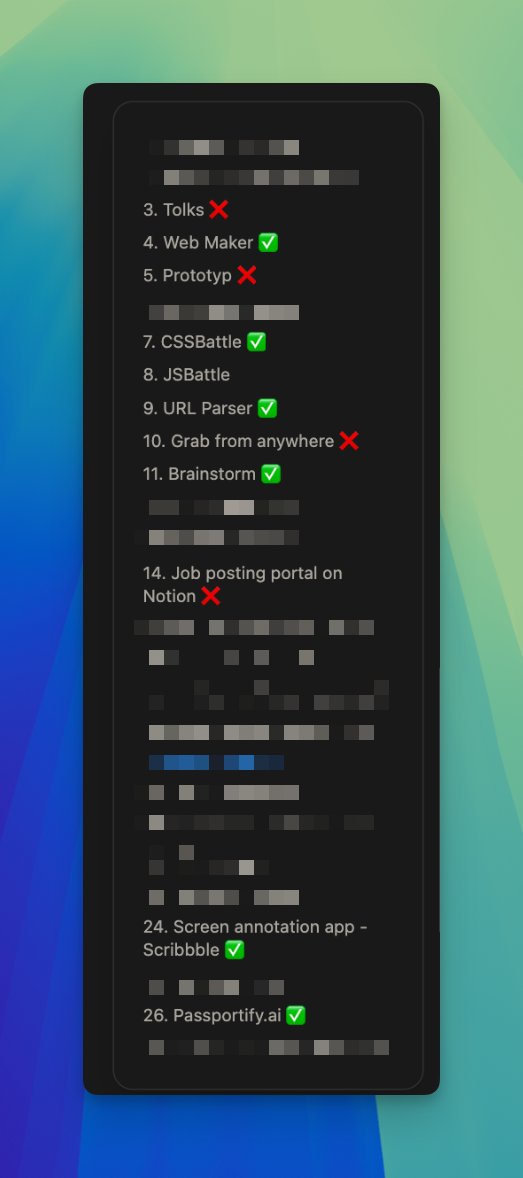 CSSMonk's tweet image. My attempts at solving problems!
👷♂️ Built total: 10 apps
❌ Failed: 4
✅ In production: 6
Sooo many more to come! 🥳
PS: Thats my idea list.