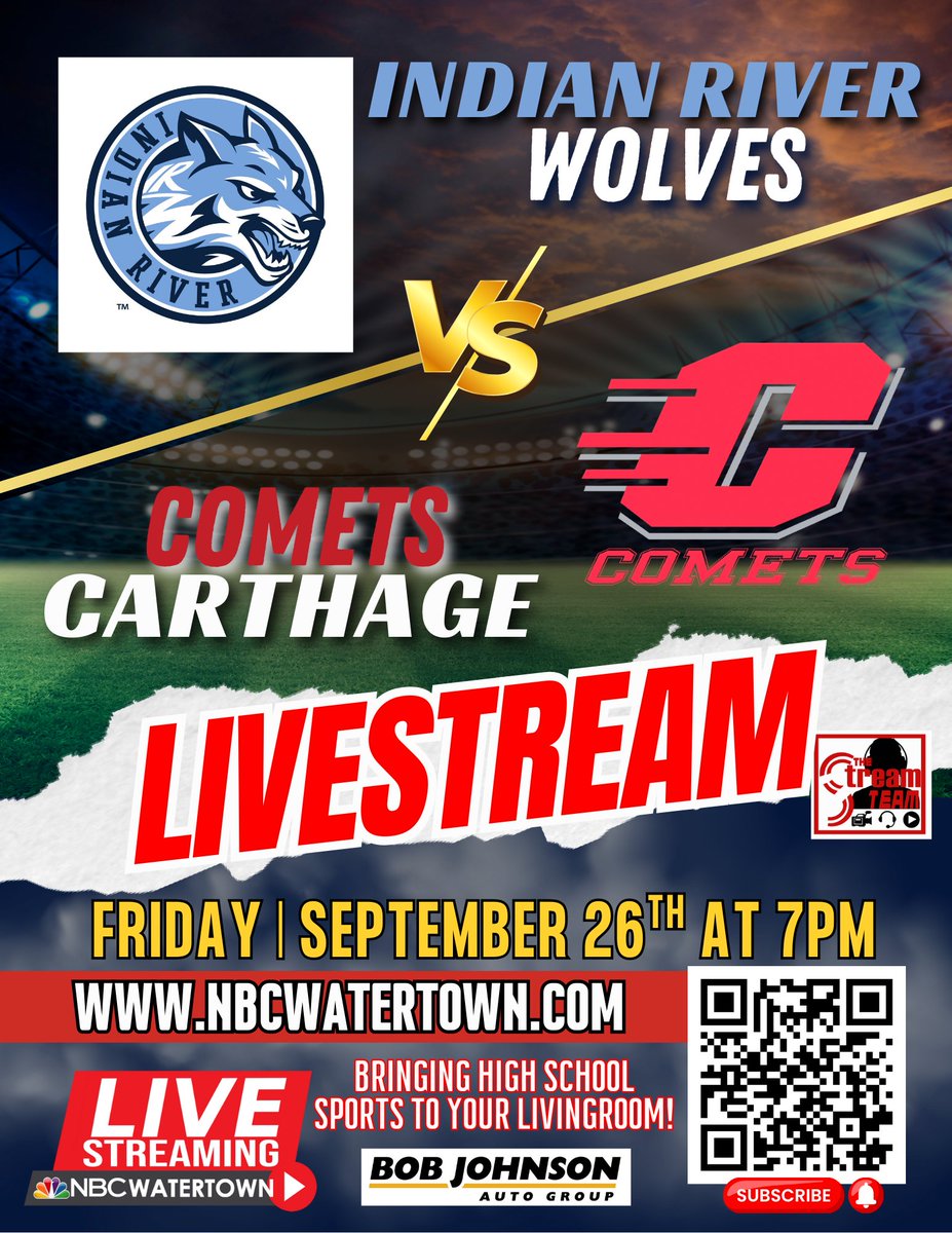 NBC Watertown to Livestream Indian River vs. Carthage Football Game on September 26th: parentsquare.com/feeds/59406605