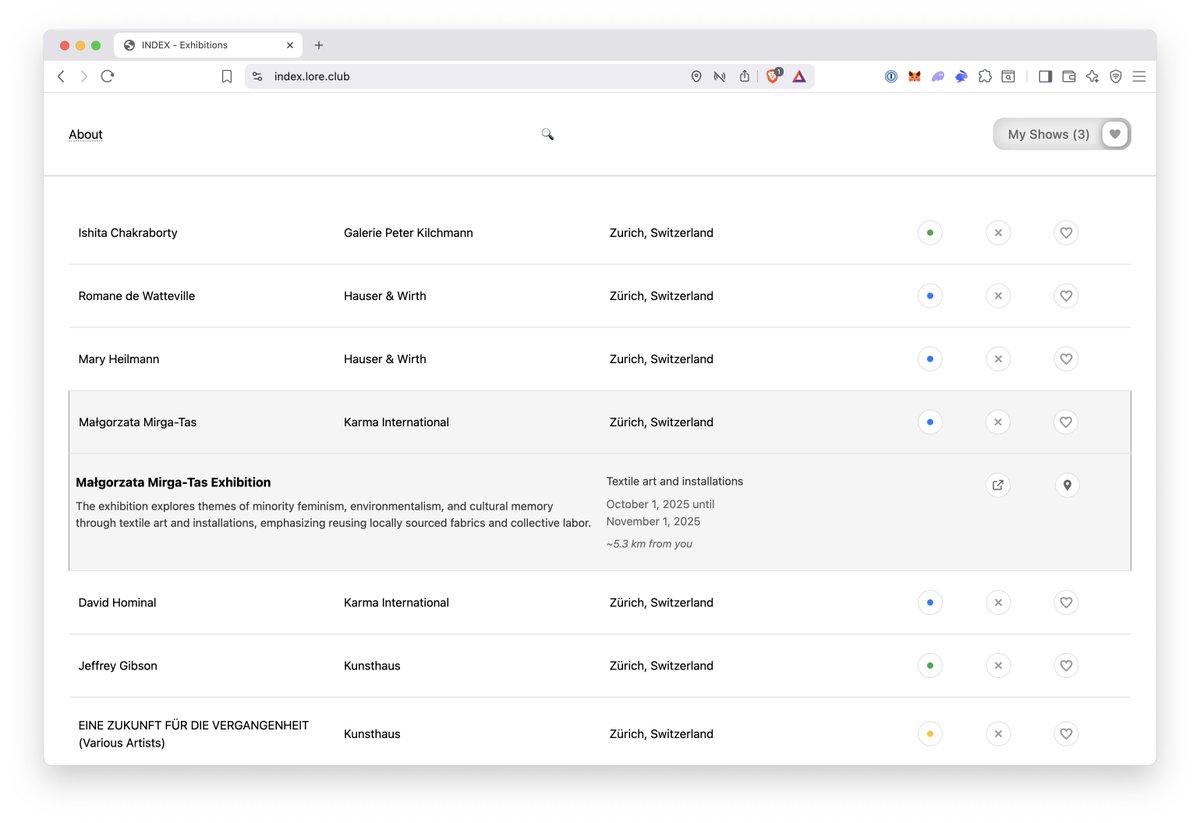 Exhibition sourcing is a pain. There is a million directories to find shows, but signal-to-noise ratio is absurd.
 
So I vibe coded INDEX to show me only what I need: active exhibitions, their artists, exhibitors, and locations. No fluff, no algorithmic recommendations, no