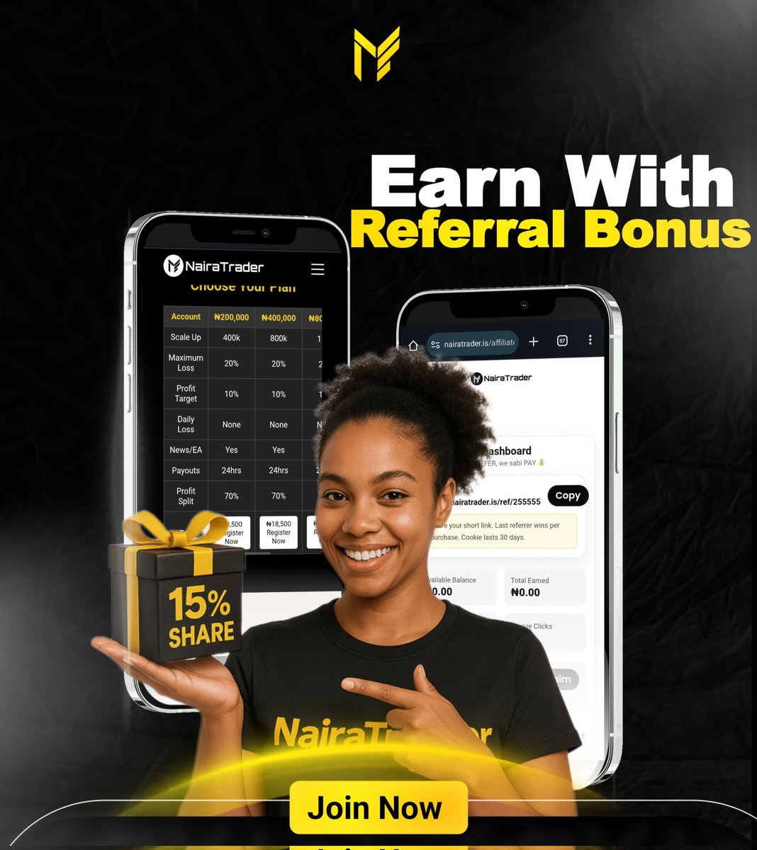 naira_trader's tweet image. 🎁 Special Promo: Earn 20% commission on all new referral from now till Thursday night.

✅ Earn 10–15% commission on every referral — and keep earning whenever your referred traders buy more accounts.

🎯 Rewards:
20 referrals- ₦200k free account
40 referrals- ₦400k free…