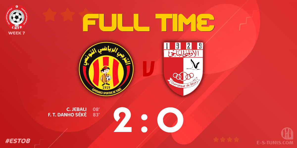 ESTuniscom's tweet photo. ⏱ FT | #Ligue1Tn🇹🇳 Week 7 #ESTOB | @ESTuniscom 2⃣-0⃣ #OlympiqueBeja : End of the match / نهاية المباراة / Fin du match https://t.co/NHGLqZUuZH