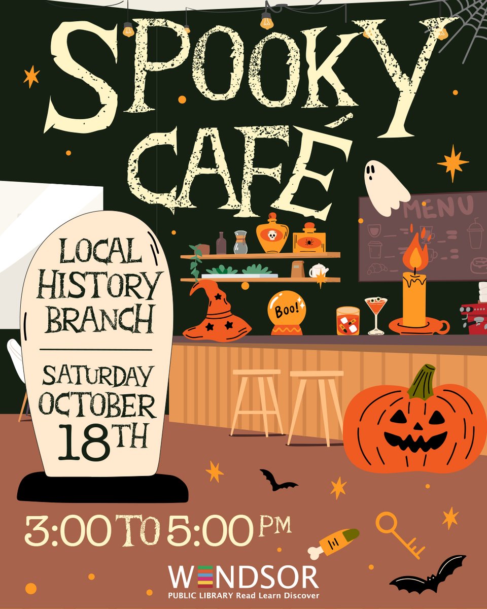 windsorpublib's tweet image. Celebrate the haunting season at Local History’s Spooky Café, where we’ll share stories of local legends, folklore, and things that go bump in the night.
Light refreshments will be served.
Suitable for Teen and Adults.
#SpookySeason #yqg