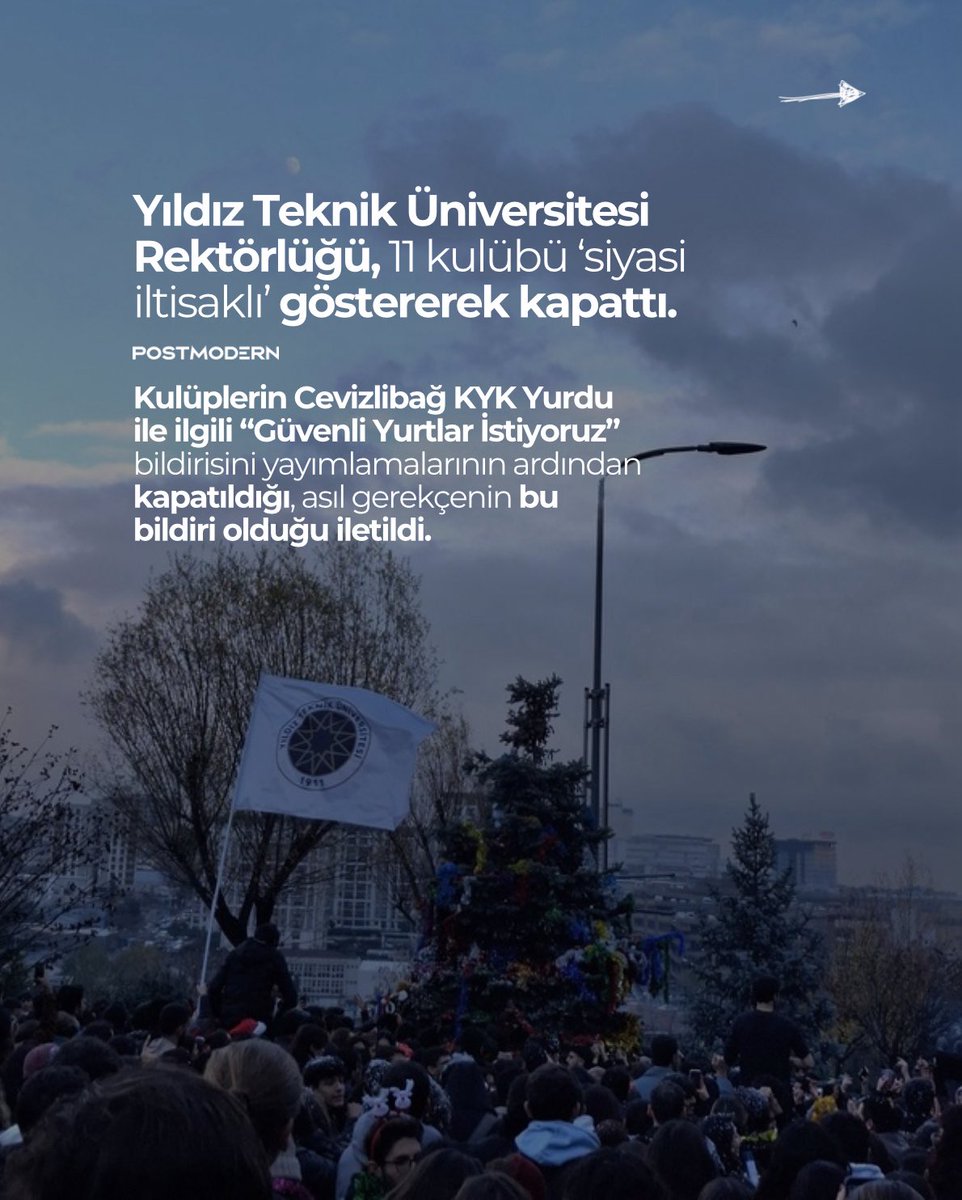 #YTÜKULÜPLERİAÇ hashtagiyle tekrardan gündeme alıyoruz. 

YTÜ KAYYIM BASKISI | Yıldız Teknik Üniversitesi’nde Öğrenci Kültür ve Dayanışma Koordinasyon Kurulu (OKDKK) tarafından bir karar alındı. Kararda, kulüp faaliyetleri ile üye kayıtlarının askıya alındığı belirtildi.