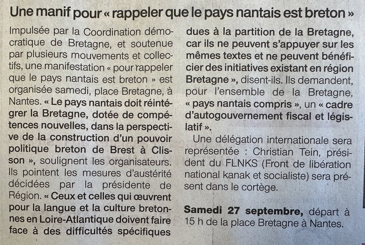 Article dans Ouest-France sur la Manifestation de samedi prochain à #Nantes.

Pennad embannet e kazetenn Ouest-France diwar-benn Manifestadeg #Naoned a-benn disadorn.

📆 27/09/2025 
🕑 15:00
🏁 Place #Bretagne / Plasenn #Breizh

#Manif #44BZH #DécidonsEnBretagne