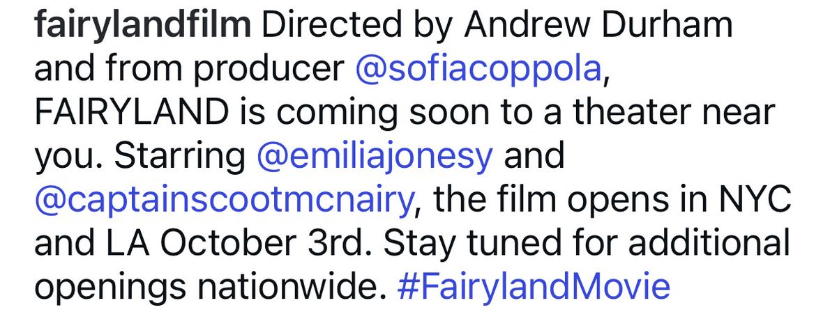 Fairyland IG: “FAIRYLAND  is coming soon to a theater near you…” instagram.com/p/DO_YJfADpz8/… [Link for list of theaters revealed so far, some of which are now selling tickets willa.org/film/fairyland…]