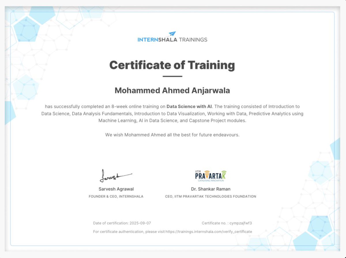 CodeRipperKing6's tweet image. Just completed certifications in Data Science with AI &amp;amp; Data Science Fundamentals 🚀📊
From ML to Predictive Analytics — one step closer to building smarter solutions with AI 💡🔥

#DataScience #AI #MachineLearning #Python #TechJourney #LifelongLearning