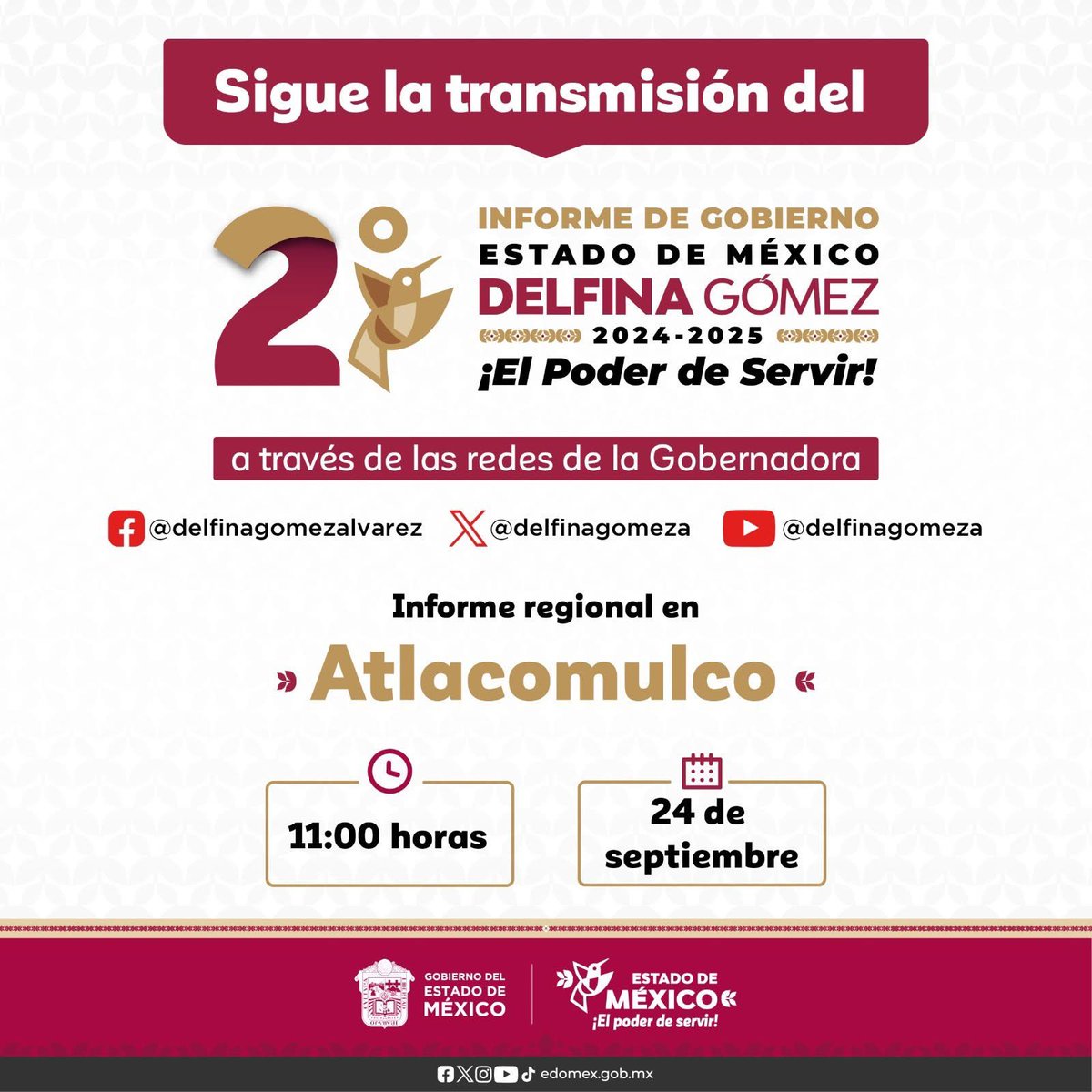 #DelfinaInforme | Hoy se llevará a cabo el Informe Regional en #Atlacomulco, como parte de la presentación de logros y resultados del Segundo Informe de Gobierno en la región norte del #EdoMéx.

Sigue la transmisión en vivo a través de las cuentas de la Maestra <a href="/delfinagomeza/">Delfina Gómez A.</a>