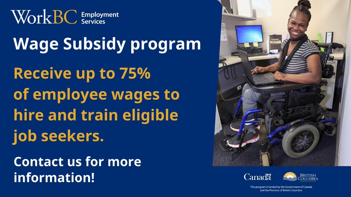 TerraceWorkbc's tweet image. Interested in building a more diverse workplace? WorkBC’s Wage Subsidy program may be able to help. Contact us for details.

#DisabilityEmploymentMonth
#InclusiveAccessible
