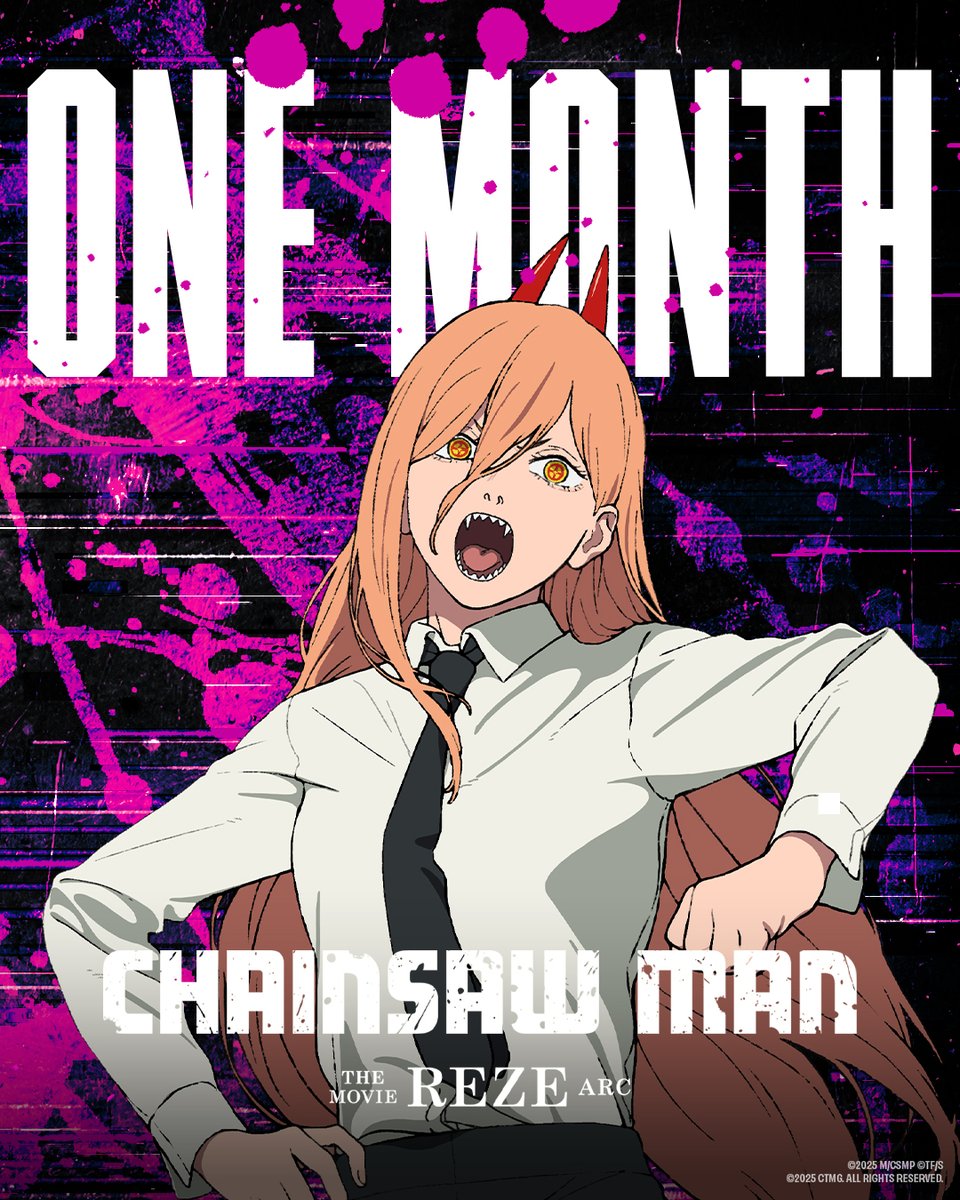 SonyPictures's tweet image. Power moves.

In ONE MONTH, Chainsaw Man is coming to the big screen for the first time. See the brand new movie, Chainsaw Man - The Movie: Reze Arc exclusively in theatres October 24. #ChainsawManMovie