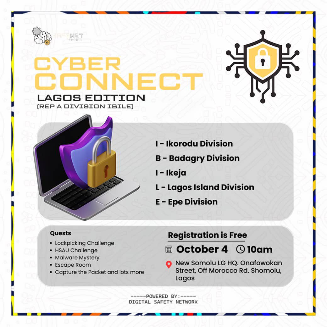 WeSafeNet's tweet image. Lagos, are you ready? 
Cyber Connect (Lagos Edition) is in 10 days! 
Registration is FREE, but you NEED it to book your slot here: tinyurl.com/Rep-A-Division

Date: Saturday, 4th October Time: 10 AM
Venue: New Somolu LG HQ