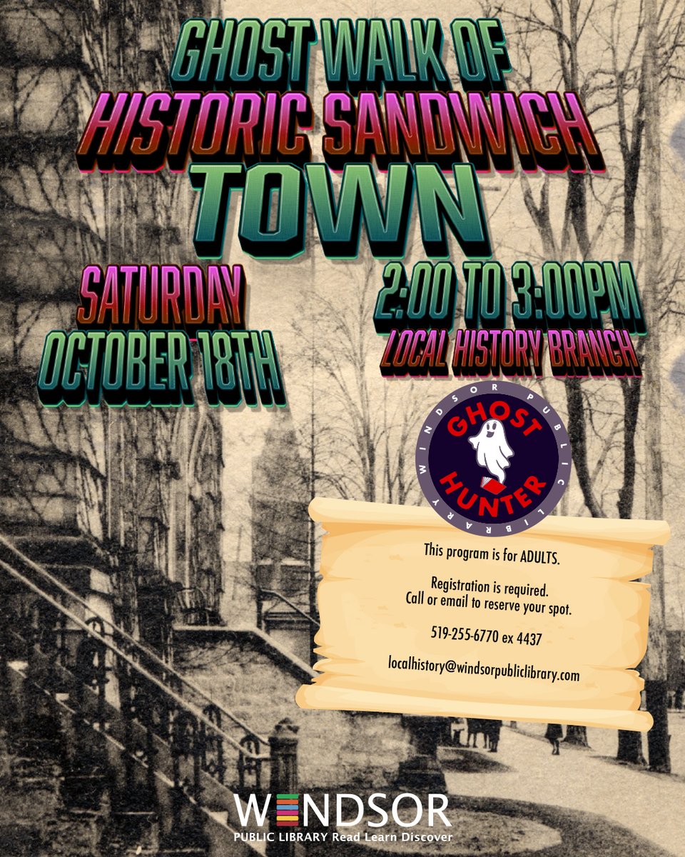 windsorpublib's tweet image. Part historic walking tour, part ghost hunt, participants will take part in an hour long walking tour with our new ghost hunting kits and learn to interpret any &quot;encounters&quot; from the other side!
This program is for ADULTS.
Registration is required. Space is limited. #yqg #wpl
