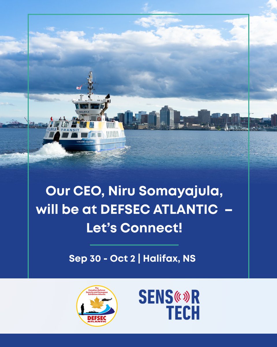 sensor_tech's tweet image. 📍 Join us in Halifax! CEO Niru Somayajula &amp;amp; BD Jake Carine will be at DEFSEC Atlantic 2025 (Sept 30–Oct 2).
Let’s connect on how SensorTech can drive defense &amp;amp; innovation. ⚙️🤝 #DEFSECAtlantic #SensorTech #Defense