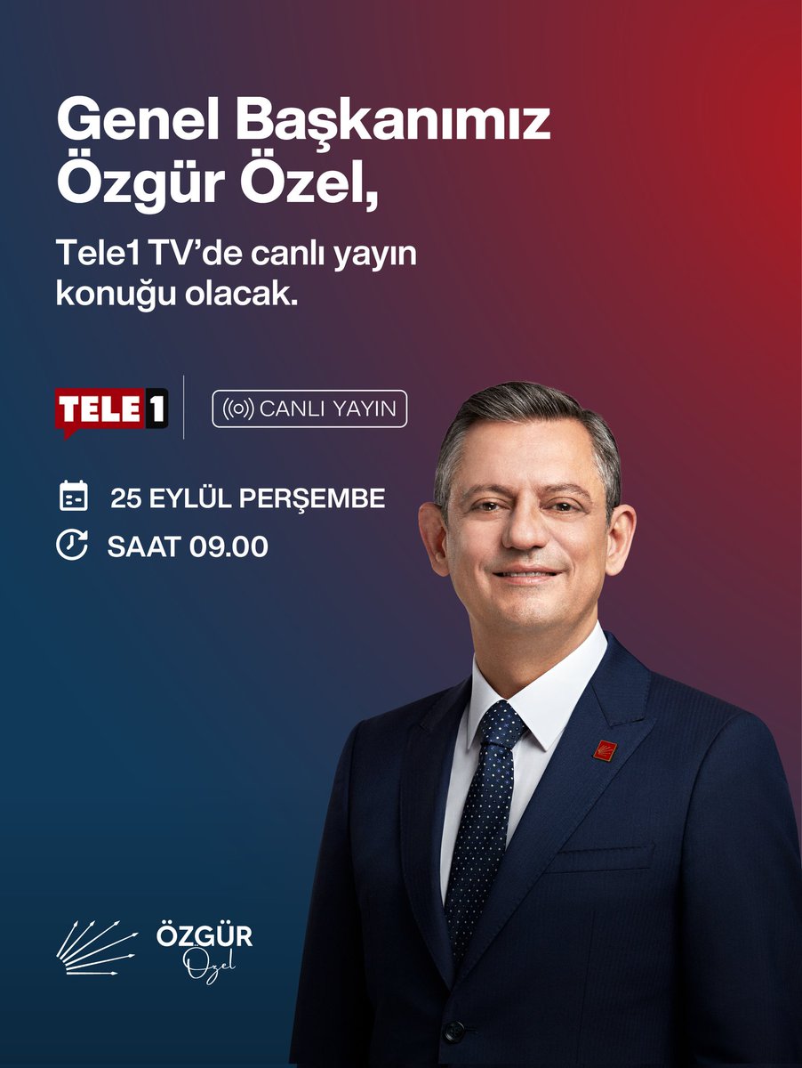 Genel Başkanımız Sayın Özgür Özel, yarın sabah Tele1 TV’de canlı yayın konuğu olacak.

🗓️25 Eylül Perşembe
⏰9.00
📍Tele1 TV