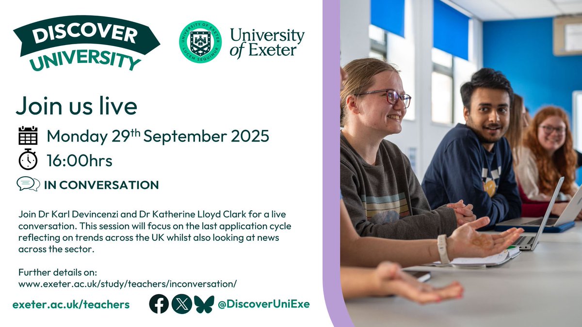 Join us on Monday at 16:00hrs for our latest live In Conversation episode where <a href="/DrKarlDev/">Dr Karl Devincenzi</a> and Dr Katherine Lloyd Clark will be reviewing the last application cycle. exeter.ac.uk/study/teachers…