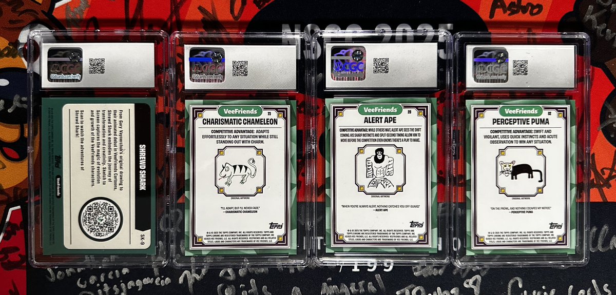 joelmcfarlin's tweet image. Not sure if I want to sell but here were are! @veefriends @Topps chrome 4 /99 Green refractors @CGCCards graded lot. $450 total (insured shipping included). 

Puma-10 06/99
Ape-9 21/99
Chameleon-9 14/99
S2S Shark-8 88/99

#veefriends #cgccards #slabs #TradingCards #graded