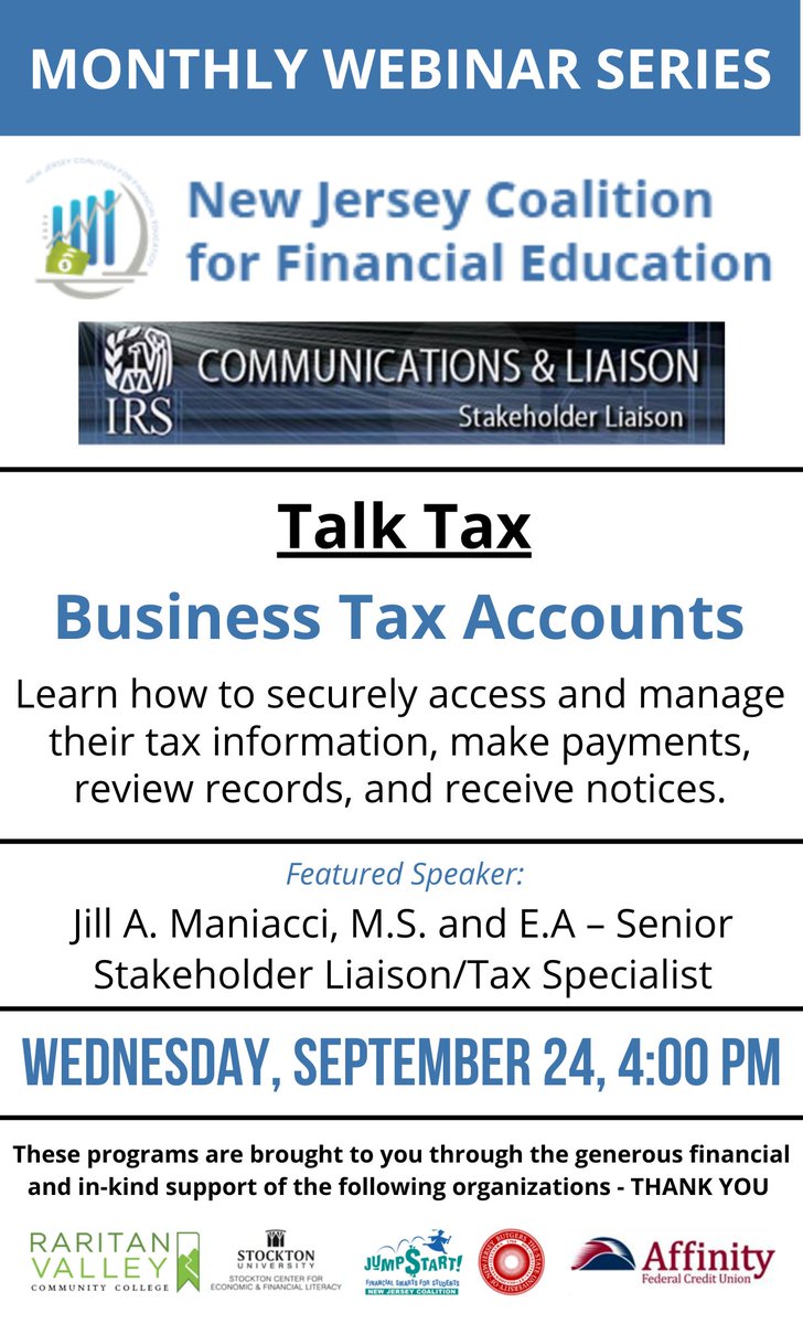 TODAY: Learn about Business Tax Accounts with the IRS and NJCFE - mailchi.mp/cf950ddf0c38/n…