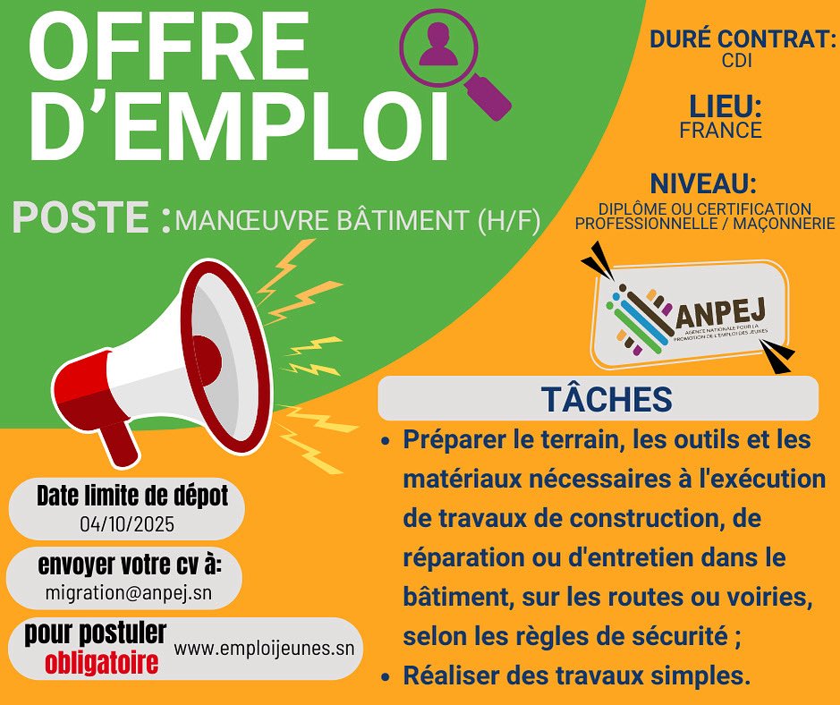 🚀 CDI en France !
L'ANPEJ recrute un Conseiller Commercial (H/F) pour un partenaire.

📅 Date limite : 04/10/2025
🔗 Postulez : anpej.sn/accueil/emploi…

#Emploi #ANPEJ #France #CDI