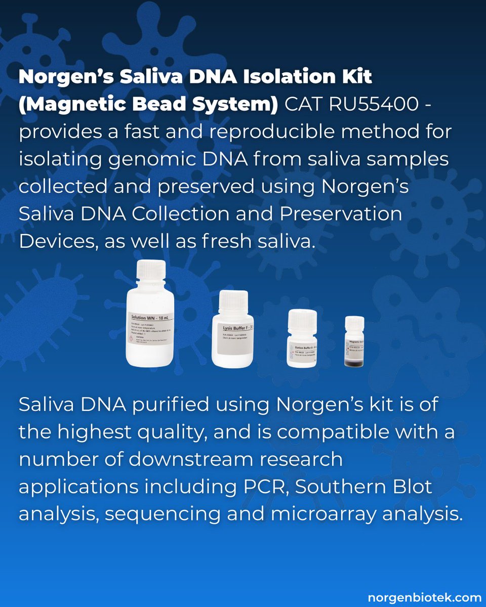 NorgenBiotek's tweet photo. Norgen’s Saliva DNA Isolation Kit (Magnetic Bead System) purifies high-quality DNA from fresh or preserved samples and fits your automation needs.
Mag beads = mega results.
#SalivaDNA #Automation #PCR #NorgenBiotek https://t.co/Yf9N1ehqfn