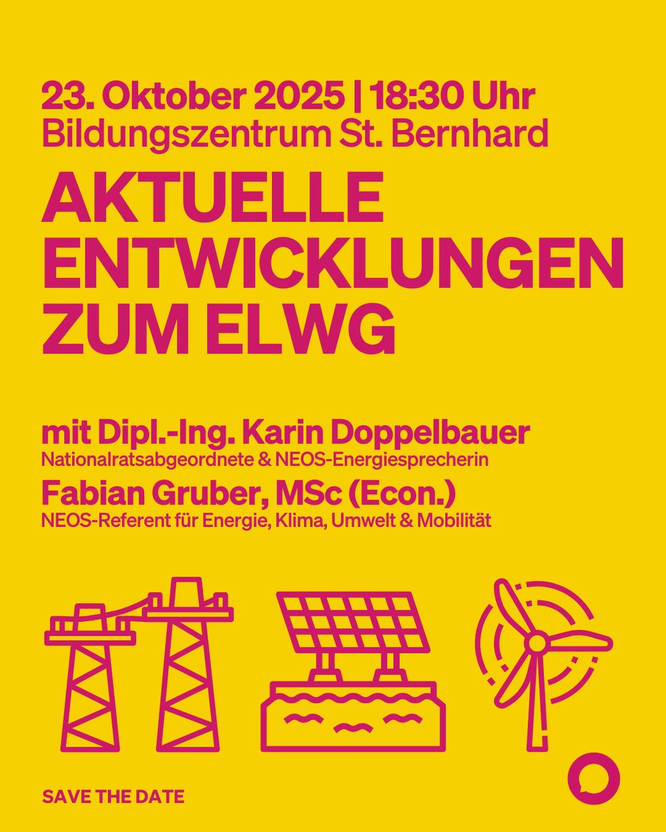📢 Zwei neue Termine für unsere #NEOS-Energieabende zum Thema aktuelle Entwicklungen rund ums #ElWG stehen fest: Tirol &amp; Niederösterreich!

Jetzt Anmelden: 
🔗 Triol: go.neos.eu/events/detail/… 

🔗 NÖ: go.neos.eu/events/detail/…