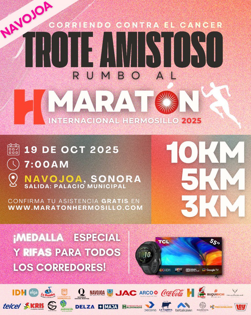 ¡Navojoa correrá vs el cáncer!🏃‍♀️🏃‍♂️

Súmate al Trote Amistoso rumbo al Maratón Internacional Hermosillo.

Nos vemos el domingo 19 de octubre a las 7 am en Palacio Municipal.

🎖️Todos recibirán medalla y participarán por increíbles premios.
Regístrate en 👉maratonhermosillo.com