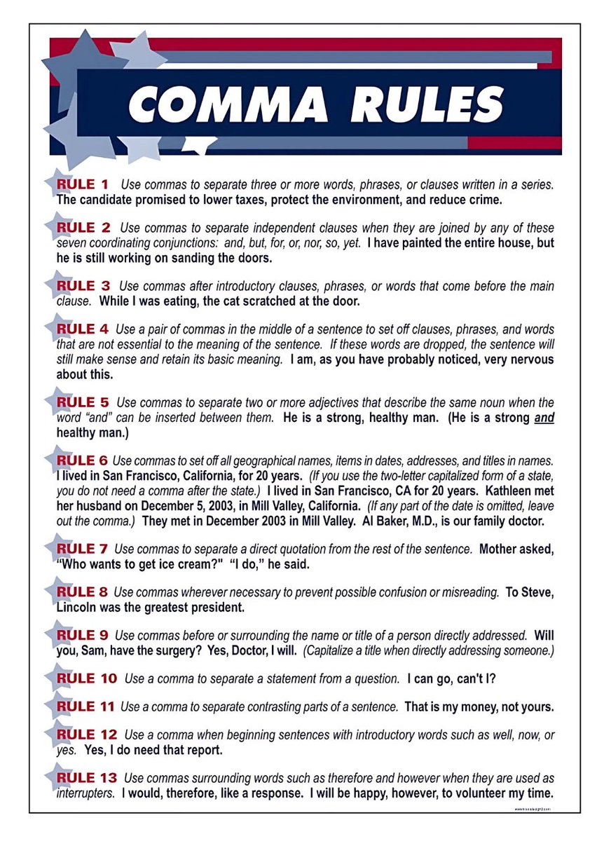 The_YUNiversity's tweet image. Commas can be tricky.

👨🏻‍🎓ℹ️ Following these rules can help. 👍

#grammar #punctuation #comma