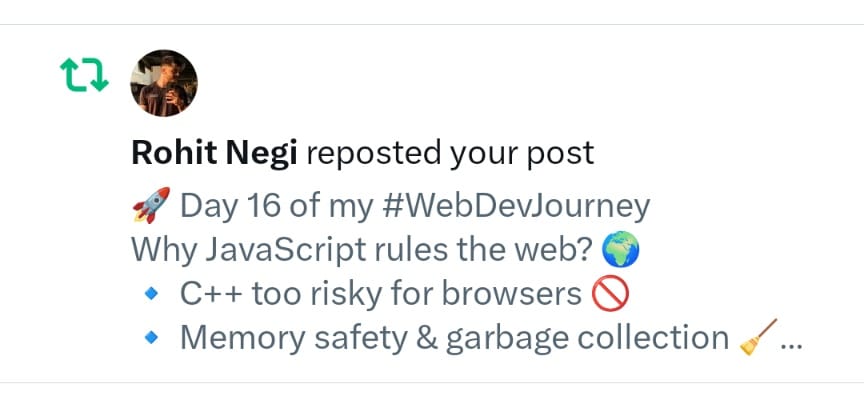 pa_abhaysinh's tweet image. Is notification ki wajah se consistentsy bani rehti hai. Thank you @rohit_negi9 providing this valuable course..@CoderArmy I give my best for this..๐
Small progress โ Big results.
#WebDevlopment #Consistency #learning #public #100DayChallenge #CodingJourney #Defence