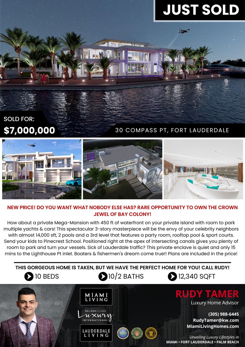 TamerRealty's tweet photo. 💥 Just Sold | Magnificent property in and out❗️🏝️  
Closed at $7,000,000—a flawless transaction from start to finish.  
Luxury, location, and expert negotiation made this deal a standout.  
📍 Compass Point | Fort Lauderdale https://t.co/yvyaSMo9wf