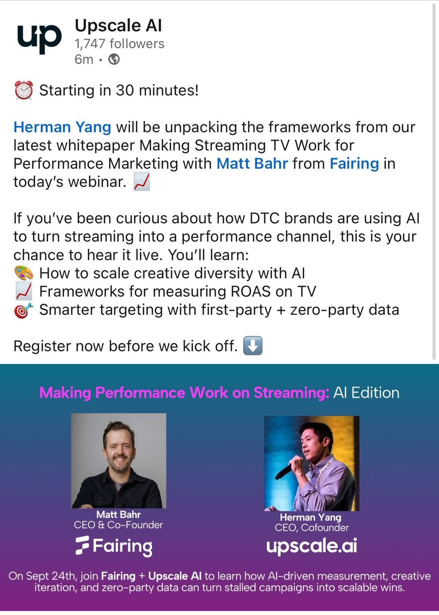 Happening in 17 min - don't miss out ❗️

Herman Yang will be unpacking the frameworks from our latest whitepaper Making Streaming TV Work for Performance Marketing with Matt Bahr from Fairing in today’s webinar. 📈