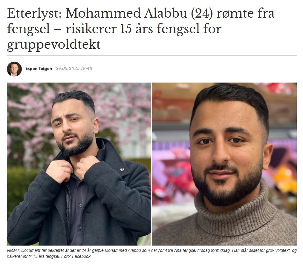 espenteigen's tweet photo. 🚨Etterlyst: Mohammed Alabbu (24) rømte fra Åna fengsel tirsdag formiddag. Han står siktet for grov voldtekt, og risikerer 15 års fengsel. Politiet ber om tips. 

Han er en av de to siktede for gruppevoldtekten av en ung kvinne i en bil i Stavanger natt til 27. juli. https://t.co/q7lsIqLjrD