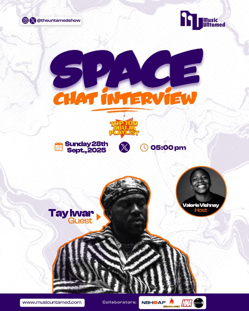 🆕 This Sunday, Sept 28th, we are bringing the vibes to our Spaces! ✨

Join us and our vibrant co-host @1stvishnay for an evening of classy conversations, fun activities, and a fresh review of the Abuja Top 10 with our collaborators.

Our special guest? None other than Tay Iwar
