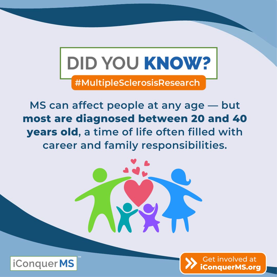 iConquerMS's tweet image. For many people, MS is diagnosed in their 20s or 30s — right when careers, families, and responsibilities are taking shape. Research must reflect these real-life challenges.

➡️ Learn how you can take part: iConquerMS.org #MSResearch #MultipleSclerosis