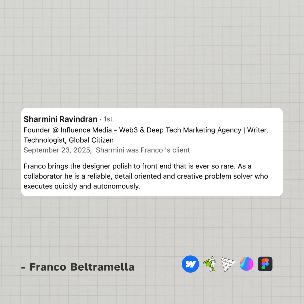 byfranbeltra's tweet image. Another happy client 🚀
Another great review 👏

👉 Want to launch your website before 2025?
Let’s make it happen.

Franco Beltramella
Your Webflow + 3D Partner

#webflow #gsap #threejs